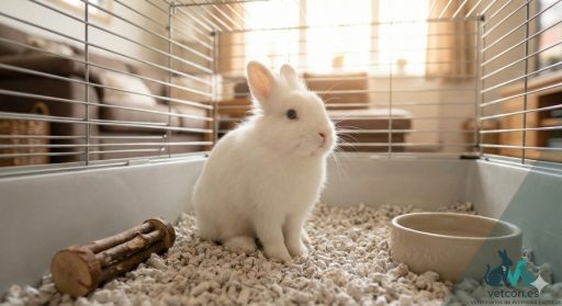 Conejo enano blanco dentro de su jaula doméstica