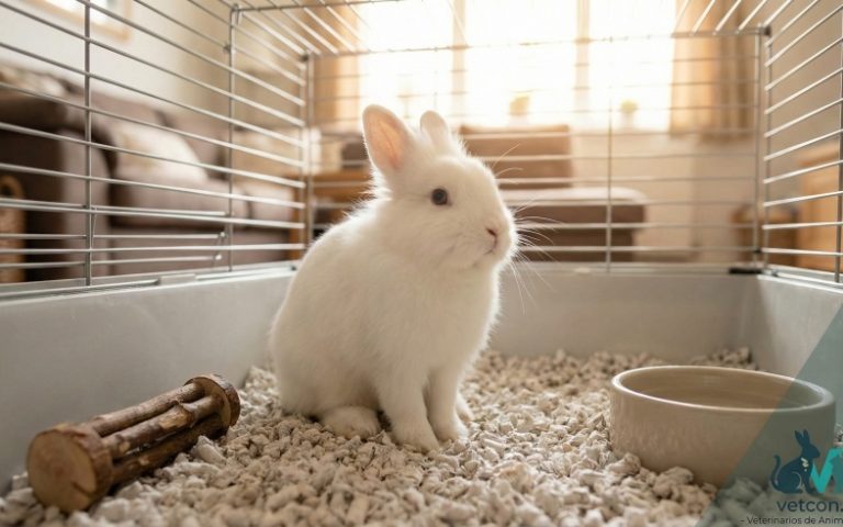 Conejo enano blanco dentro de su jaula doméstica