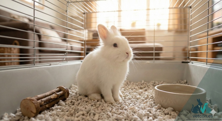 Conejo enano blanco dentro de su jaula doméstica