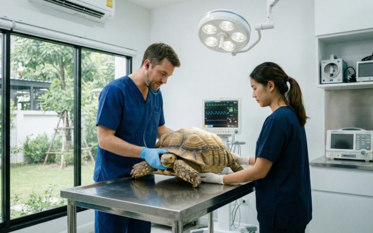 Tortuga terrestre en revisión veterinaria para prevención de parásitos