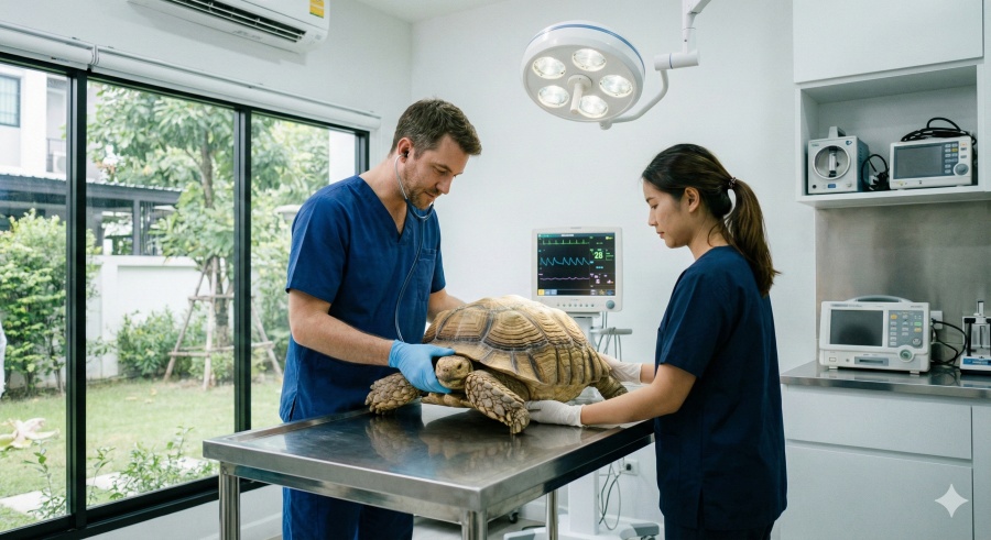 Tortuga terrestre en revisión veterinaria para prevención de parásitos