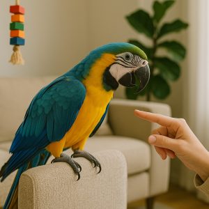 Guacamayo azulamarillo interactuando con una persona en un entorno doméstico enriquecido y seguro.
