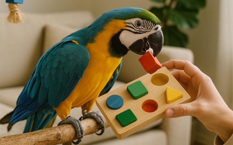 Guacamayo azulamarillo jugando con un juguete interactivo de madera como parte de su enriquecimiento ambiental.