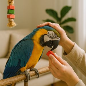 Guacamayo azulamarillo recibiendo caricias y refuerzo positivo durante una sesión de socialización.