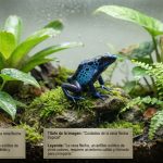 Rana flecha tropical en un terrario húmedo con plantas tropicales.