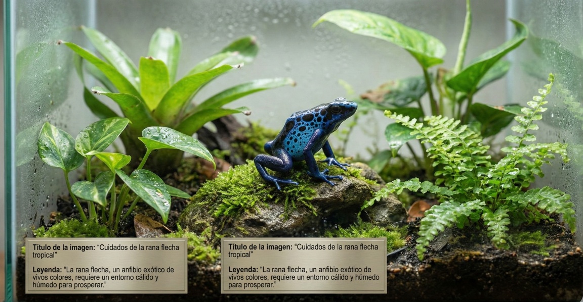 Rana flecha tropical en un terrario húmedo con plantas tropicales.