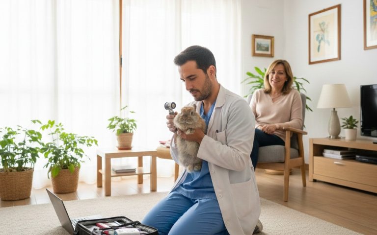 Veterinario a domicilio para animales exóticos atendiendo un conejo en Madrid