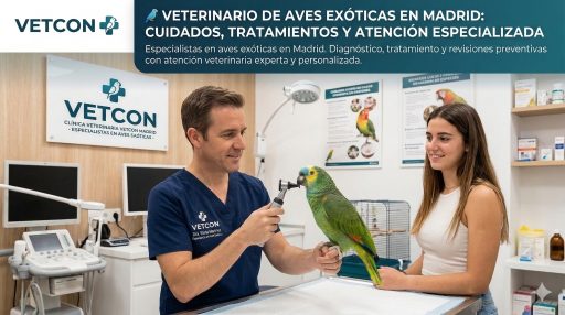 Veterinario especializado en aves exóticas atendiendo un loro en Madrid