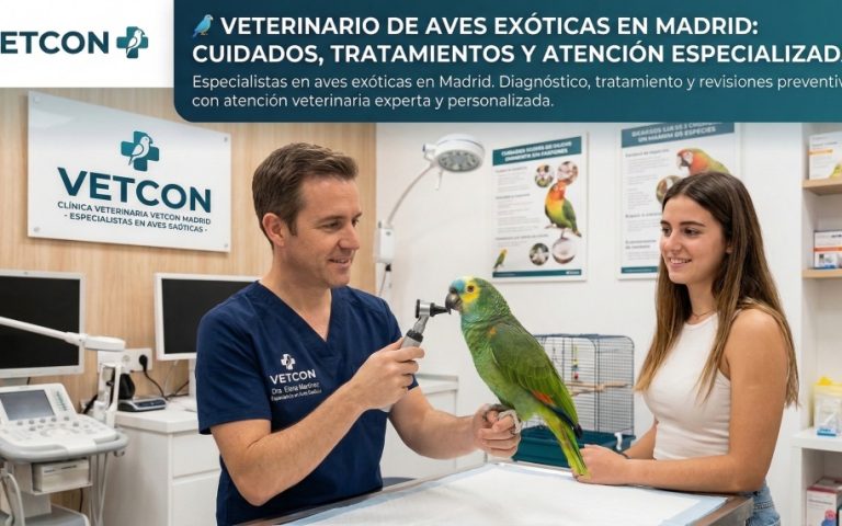 Veterinario especializado en aves exóticas atendiendo un loro en Madrid