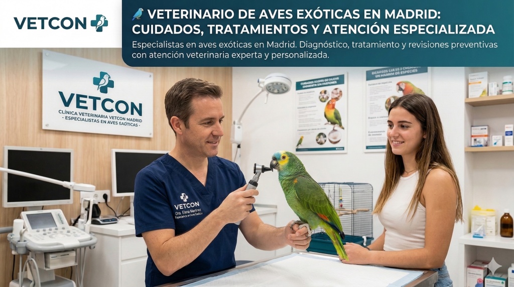 Veterinario especializado en aves exóticas atendiendo un loro en Madrid