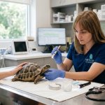 Veterinario especializado en reptiles atendiendo una tortuga en consulta en Madrid