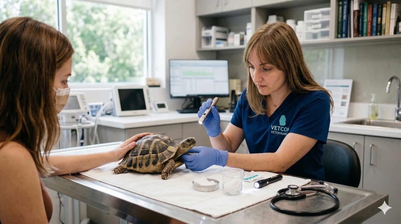 Veterinario especializado en reptiles atendiendo una tortuga en consulta en Madrid