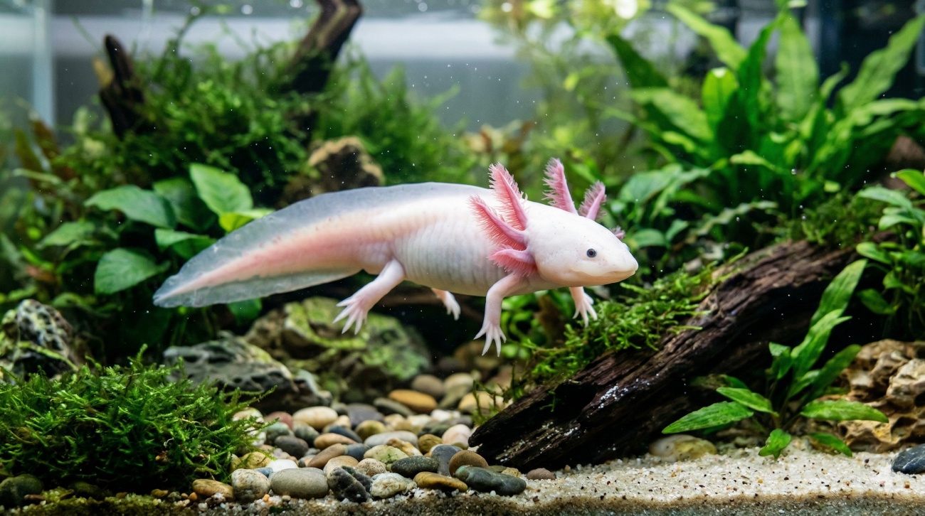 ajolote blanco ambystoma mexicanum en acuario