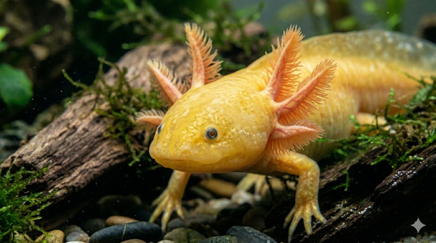 ajolote dorado apariencia y color ajolote dorado nadando en acuario con color amarillo brillante