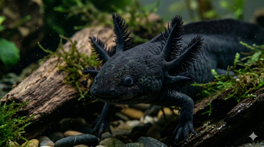 ajolote negro características físicas ajolote negro en agua con cuerpo oscuro y branquias visibles