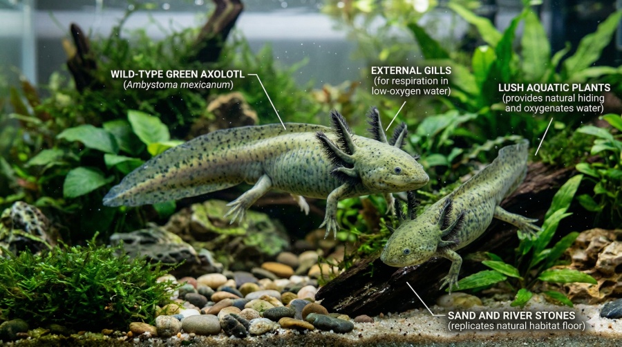 ajolote verde características y coloración ajolote verde en acuario con tonos oscuros y verdosos