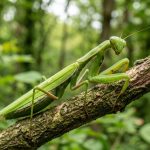 mantis religiosa verde sobre una rama en posición de caza