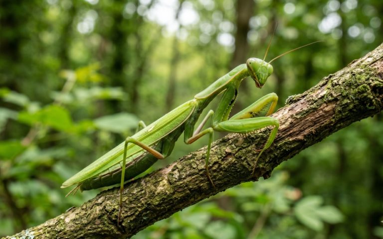 mantis religiosa verde sobre una rama en posición de caza