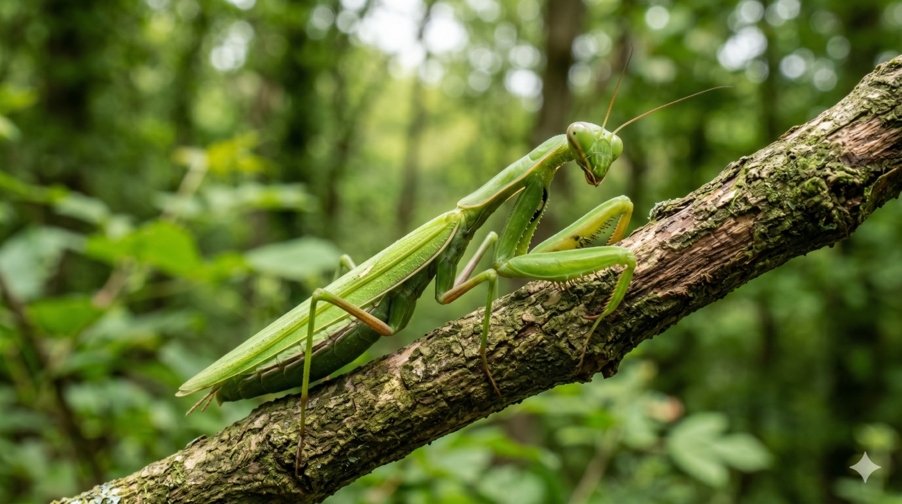 mantis religiosa verde sobre una rama en posición de caza