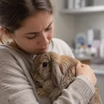 Conejo doméstico inmóvil sobre camilla veterinaria, señal de posible urgencia en animales exóticos en Madrid