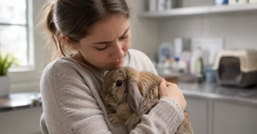 Conejo doméstico inmóvil sobre camilla veterinaria, señal de posible urgencia en animales exóticos en Madrid