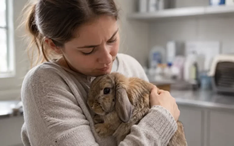 Conejo doméstico inmóvil sobre camilla veterinaria, señal de posible urgencia en animales exóticos en Madrid