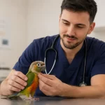 Ave exótica en consulta veterinaria especializada en Madrid, atención de urgencias para aves con convulsiones