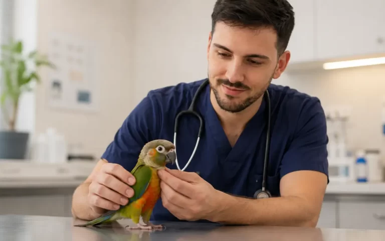 Ave exótica en consulta veterinaria especializada en Madrid, atención de urgencias para aves con convulsiones