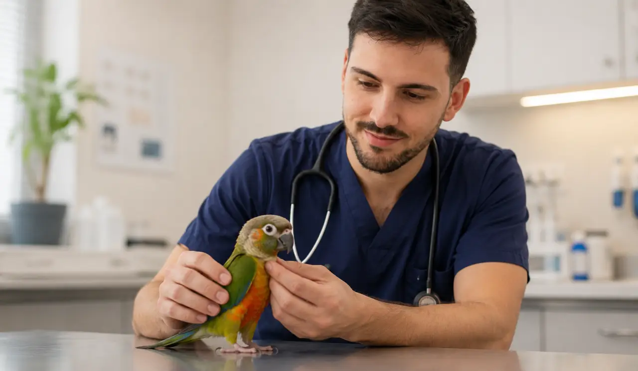 Ave exótica en consulta veterinaria especializada en Madrid, atención de urgencias para aves con convulsiones