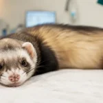 Hurón doméstico siendo examinado en consulta veterinaria especializada en Madrid, atención urgente de mamíferos exóticos