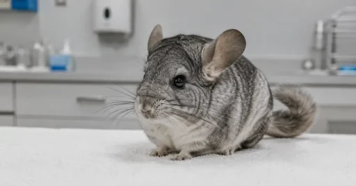 Chinchilla exótica en consulta veterinaria especializada en Madrid, atención urgente de problemas respiratorios