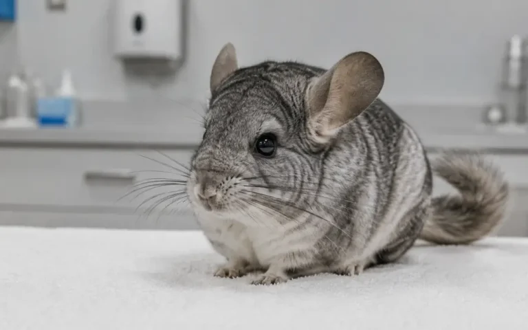 Chinchilla exótica en consulta veterinaria especializada en Madrid, atención urgente de problemas respiratorios