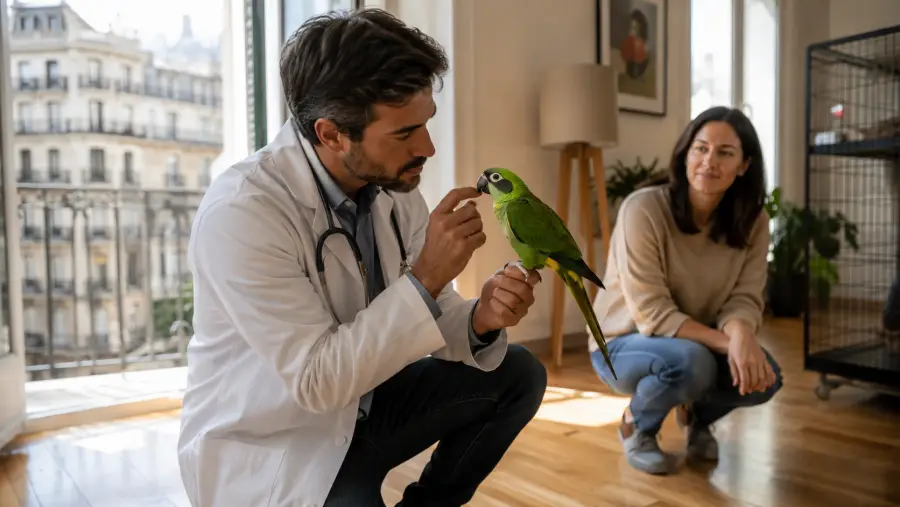 Veterinario de animales exóticos revisando un loro a domicilio en Madrid