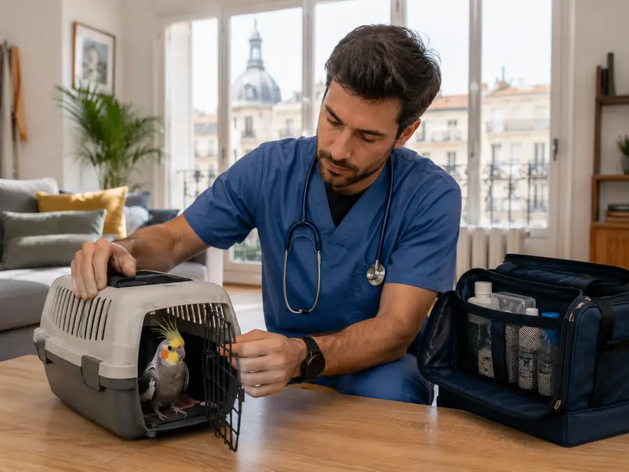 Veterinario abriendo transportín de ninfa para consulta veterinaria a domicilio