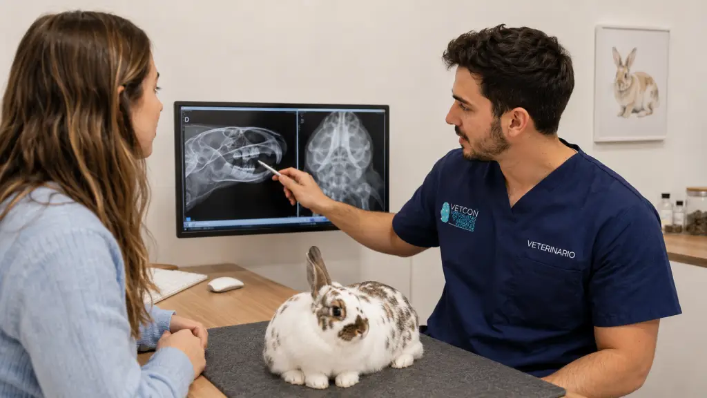 Veterinario explicando el diagnóstico de un conejo a su propietario