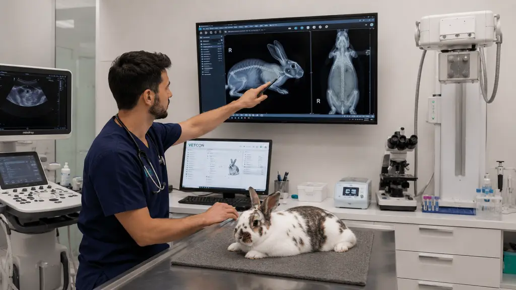 Veterinario realizando diferentes revisiones a un conejo