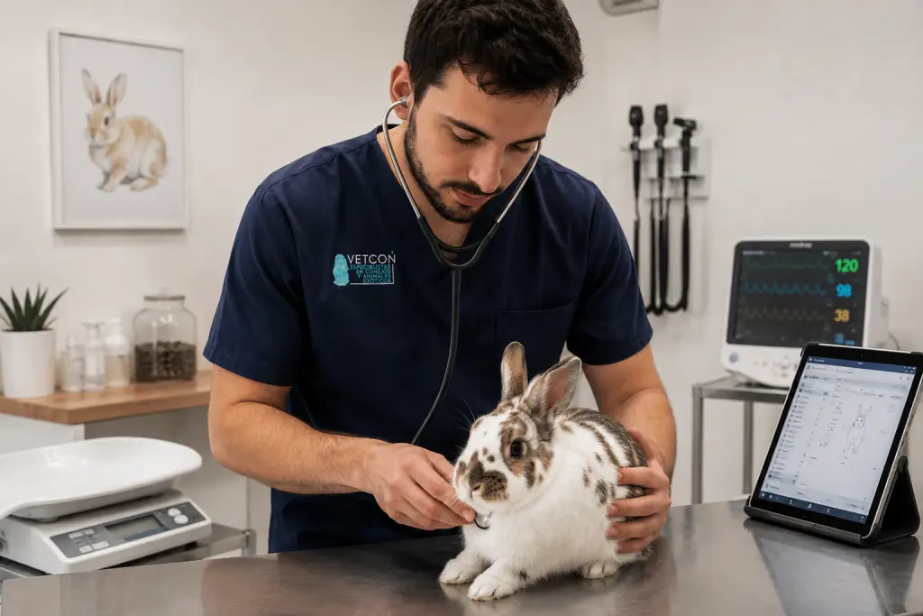 Veterinario realizando una exploración médica a un conejo