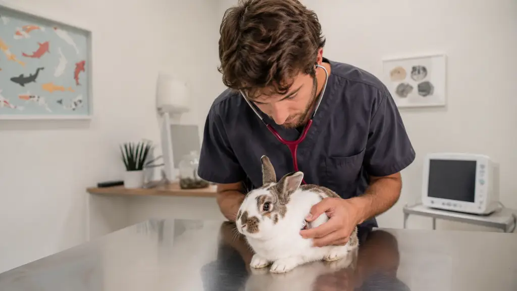 Veterinario especialista examinando un conejo en una clínica veterinaria